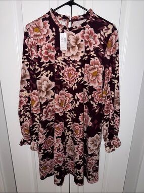 Maurice’s Floral Long-Sleeve Tunic Dress in Burgundy and Blush